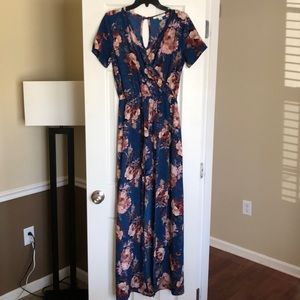 Blue/blush floral romper maxi dress